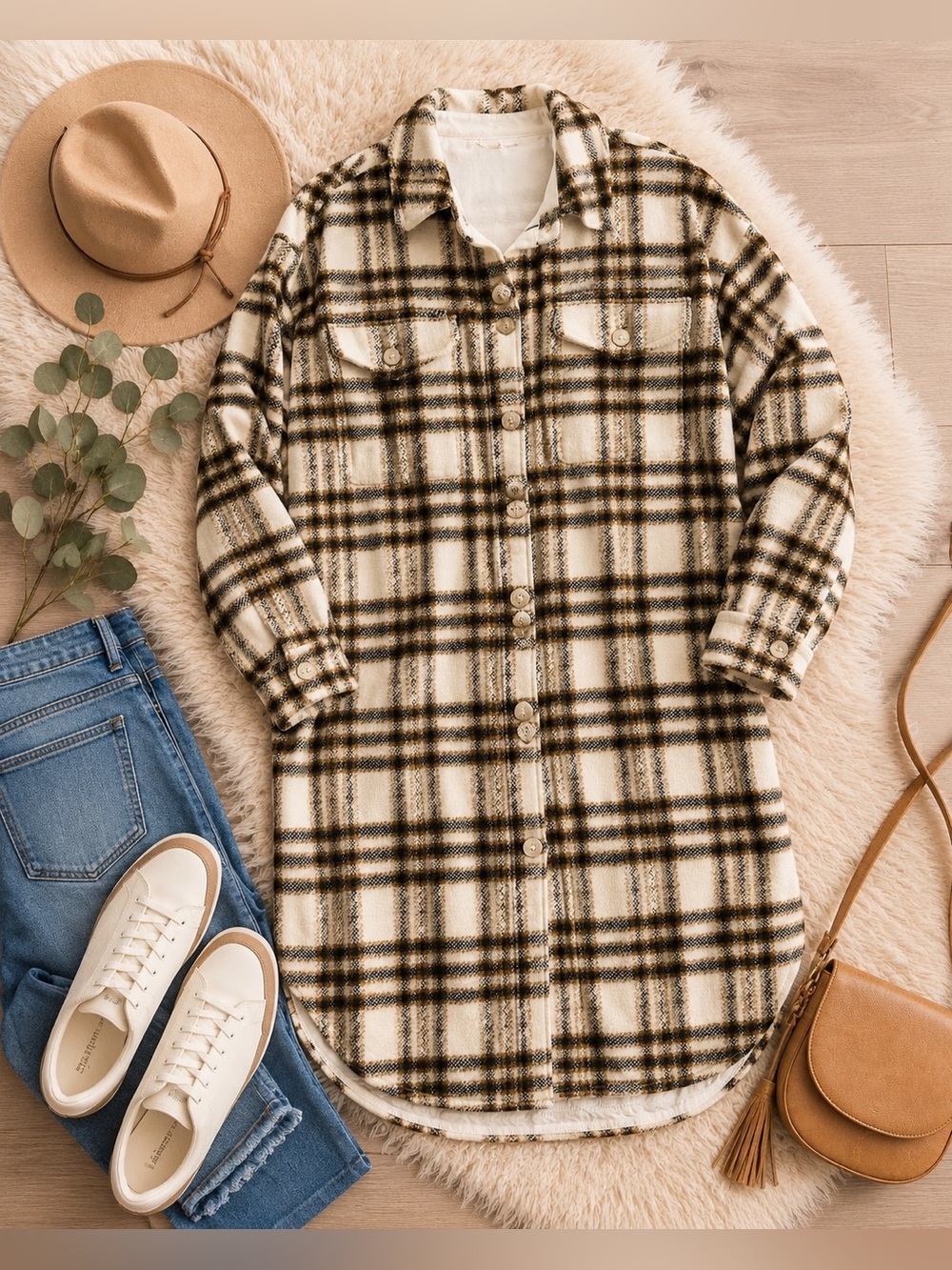 Saltwater Luxe Plaid Longline Shacket Jacket Cream Brown NWT Size Small